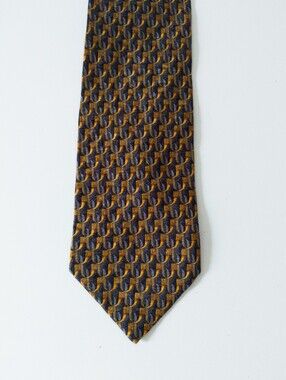 KOLTE Italy Pure Silk Geometric Medallion Jaquard Necktie Gold Navy Grey Vintage